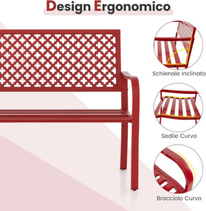 Panchina da Esterno, Panca da Giardin in Metallo con Schienale Traforato, Sedile a Doghe e Braccioli, Panchina Moderna per Cortile, Terrazzo e Giardino, Portata 300 kg (Rosso)