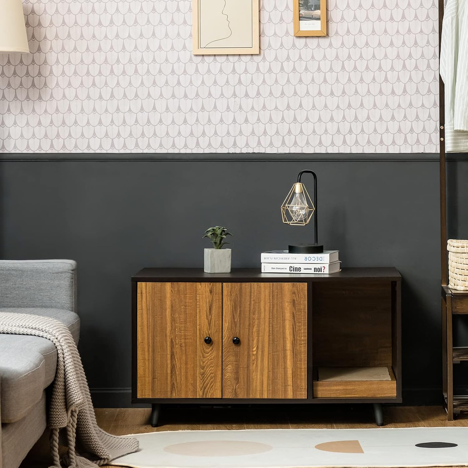 Mobile per Lettiera per Gatti 90 x 50 x 50 cm, Cassetta Igienica per Gatti con Doppia Anta, Divisore, Ingresso Avvolgibile, Tiragraffi e Gambe di Metallo Solido (Marrone)