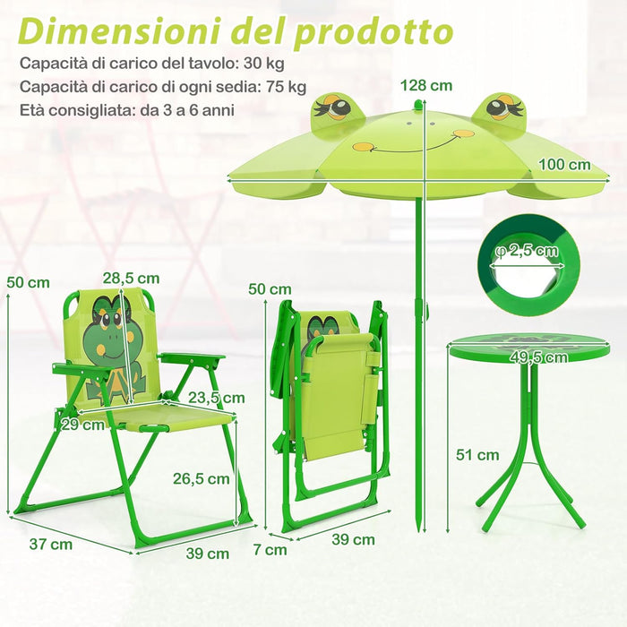 Set Tavolo da Giardino Bambini con 2 Sedie Pieghevoli, Tavolino da Esterno con Ombrellone in Poliestere Regolabile in Altezza, Set Mobili da Giardino per Bambini 3-6 Anni (Rana, Verde Chiaro)