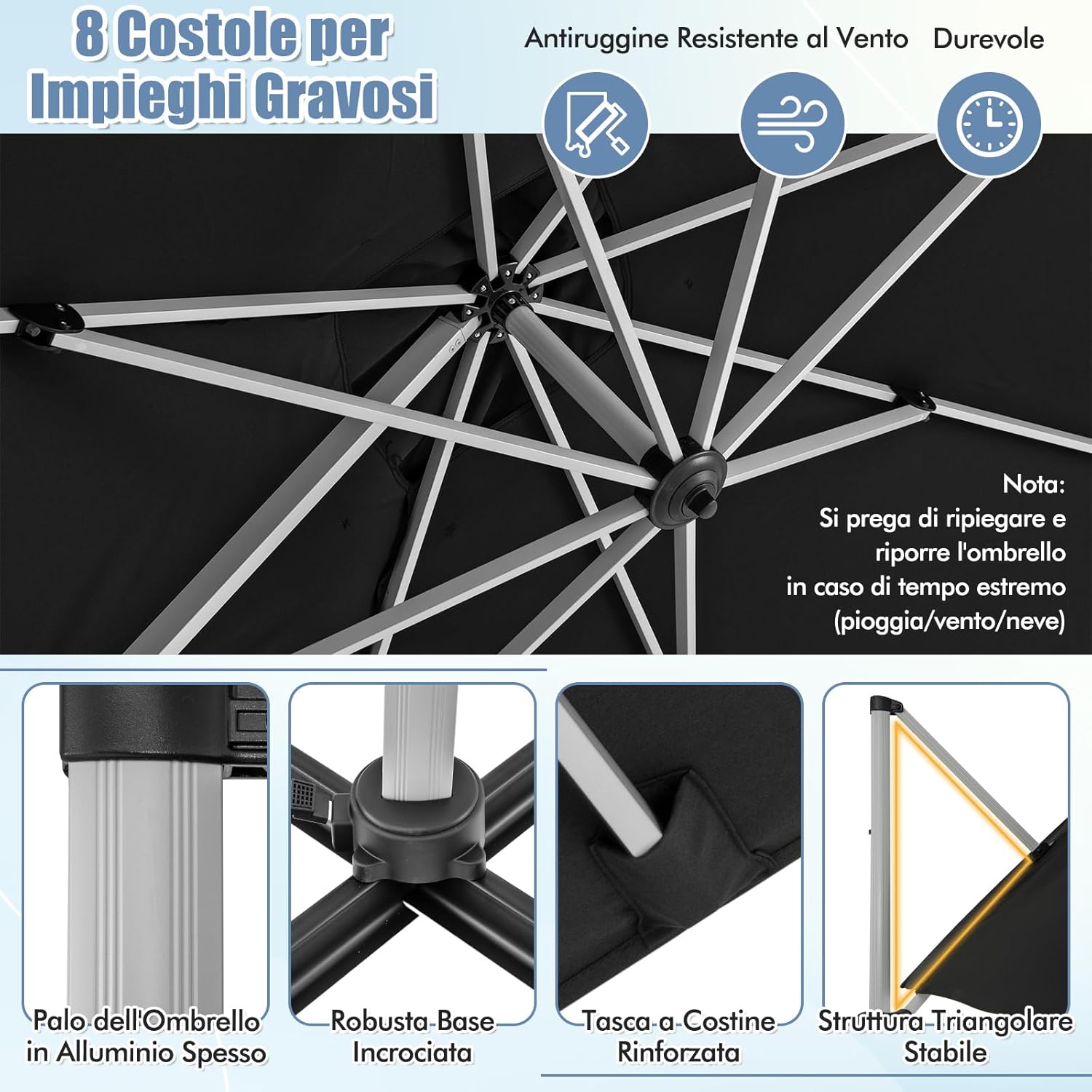 Ombrellone da Giardino, con Base Incrociata, Ombrellone Quadrato da Esterno con Palo in Alluminio e Girevole a 360°, Manovella e Inclinazione Regolabile, 300 x 300 cm (Nero)