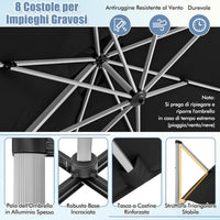 Ombrellone da Giardino, con Base Incrociata, Ombrellone Quadrato da Esterno con Palo in Alluminio e Girevole a 360°, Manovella e Inclinazione Regolabile, 300 x 300 cm (Nero)