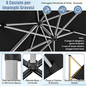 Ombrellone da Giardino, con Base Incrociata, Ombrellone Quadrato da Esterno con Palo in Alluminio e Girevole a 360°, Manovella e Inclinazione Regolabile, 300 x 300 cm (Nero)