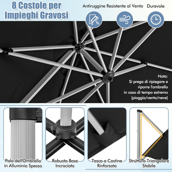 Ombrellone da Giardino, con Base Incrociata, Ombrellone Quadrato da Esterno con Palo in Alluminio e Girevole a 360°, Manovella e Inclinazione Regolabile, 300 x 300 cm (Nero)