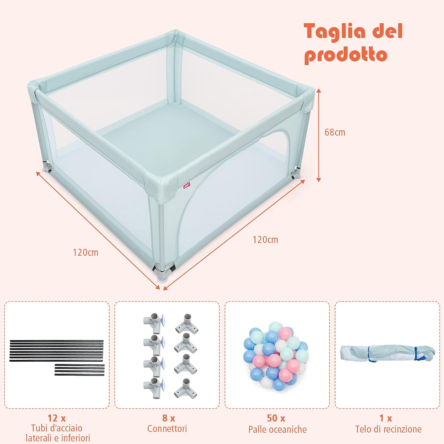 Box per Bambini, Centro Attivit¨¤ Portatile con Cancelli di Sicurezza con Ventose Antiscivolo, Pareti a Rete Traspirante e 2 Anelli per Bambini, con 50 Palline (Azzurro chiaro)