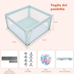 Box per Bambini, Centro Attivit¨¤ Portatile con Cancelli di Sicurezza con Ventose Antiscivolo, Pareti a Rete Traspirante e 2 Anelli per Bambini, con 50 Palline (Azzurro chiaro)