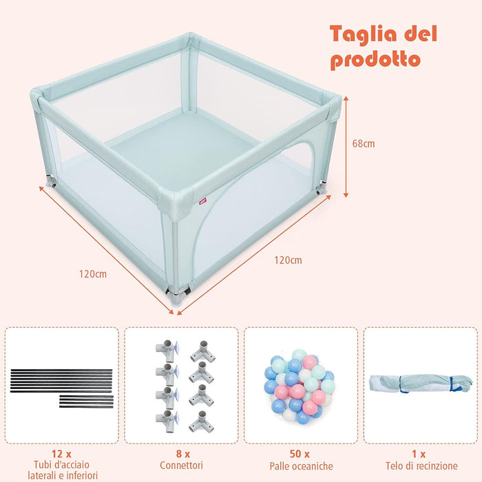Box per Bambini, Centro Attivit¨¤ Portatile con Cancelli di Sicurezza con Ventose Antiscivolo, Pareti a Rete Traspirante e 2 Anelli per Bambini, con 50 Palline (Azzurro chiaro)