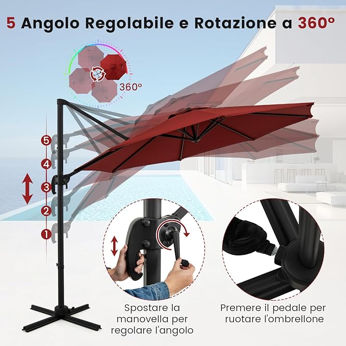 Ombrellone da Esterno 294 cm, Ombrellone con Rotazione a 360°, 5 Angoli di Inclinazione Regolabili, Base a Forma di Croce, 8 Stecche, Ombrellone per Giardino, Piscina, Cortile