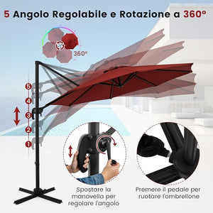 Ombrellone da Esterno 294 cm, Ombrellone con Rotazione a 360°, 5 Angoli di Inclinazione Regolabili, Base a Forma di Croce, 8 Stecche, Ombrellone per Giardino, Piscina, Cortile