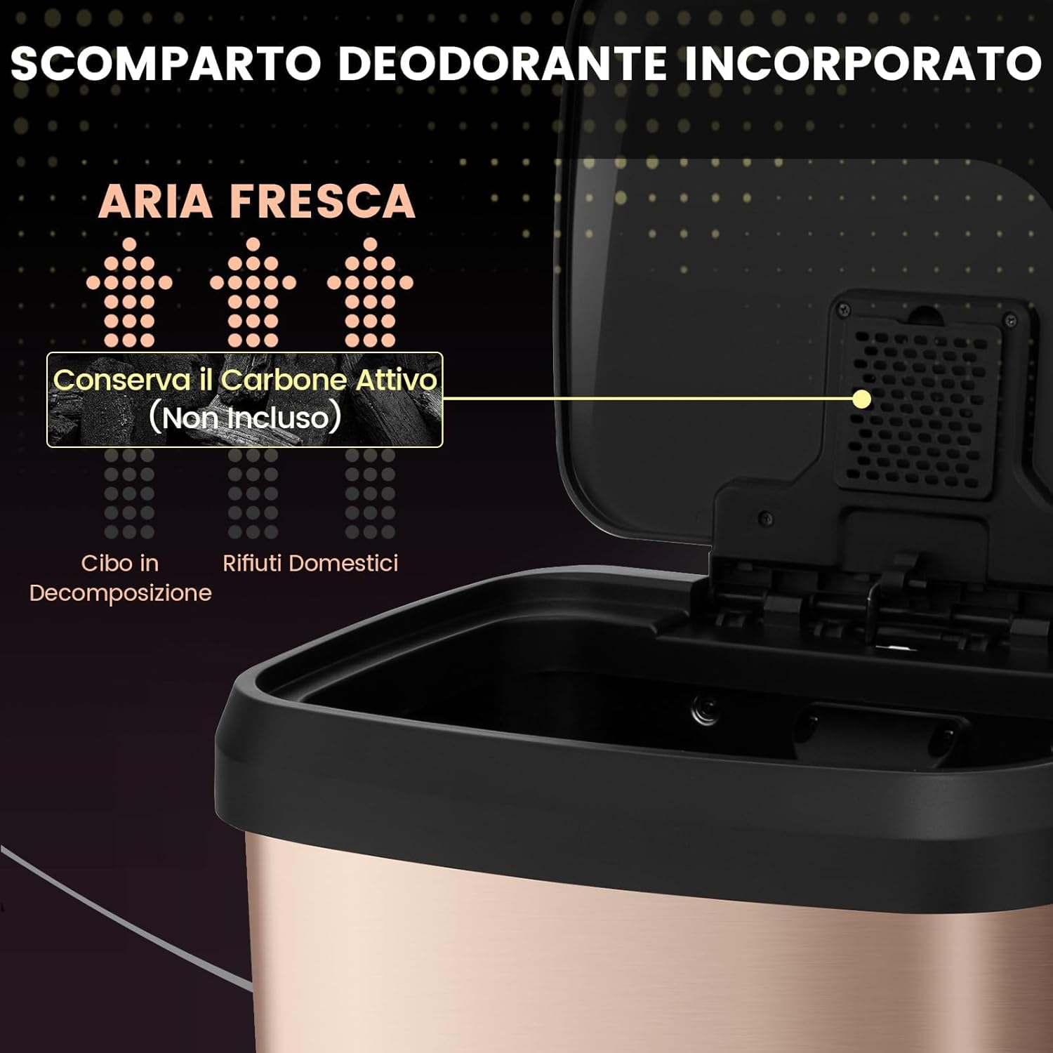 Bidone per Pattumiera, Pattumiera da Cucina in Acciaio Inossidabile con Pedale, Coperchio e Scomparto Deodorante, Ideale per Casa Ufficio (68L,Rosa dorato)