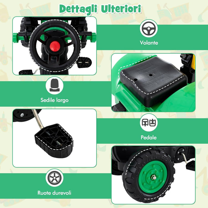 3 in 1 Escavatore per Bambini, Trattore con Rimorchio Staccabile Cavalcabile per Bambini, con 6 Ruote e 2 Benne, per Bambini 3-6 Anni (Verde)