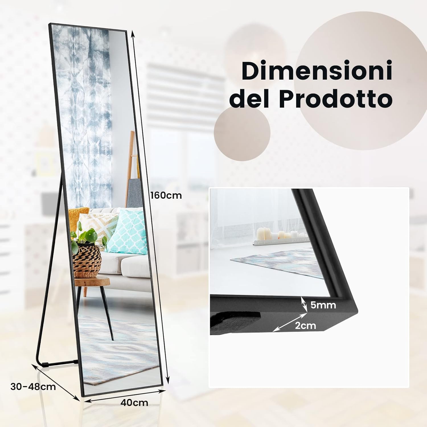 Specchio da Parete Lungo, Specchio da Terra Appendere con Cornice in Lega di Alluminio e Ganci, Per Camera da Letto e Soggiorno, 160 x 40 cm (Nero)