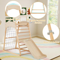 6 in 1 Struttura di Arrampicata, Triangolo da Arrampicata con Scivolo, Barra per Trazioni e Rete per Arrampicata, Parco Educativo per bambini per Interni, 1+ Anno, 105 x 67 x 112 cm (Naturale)