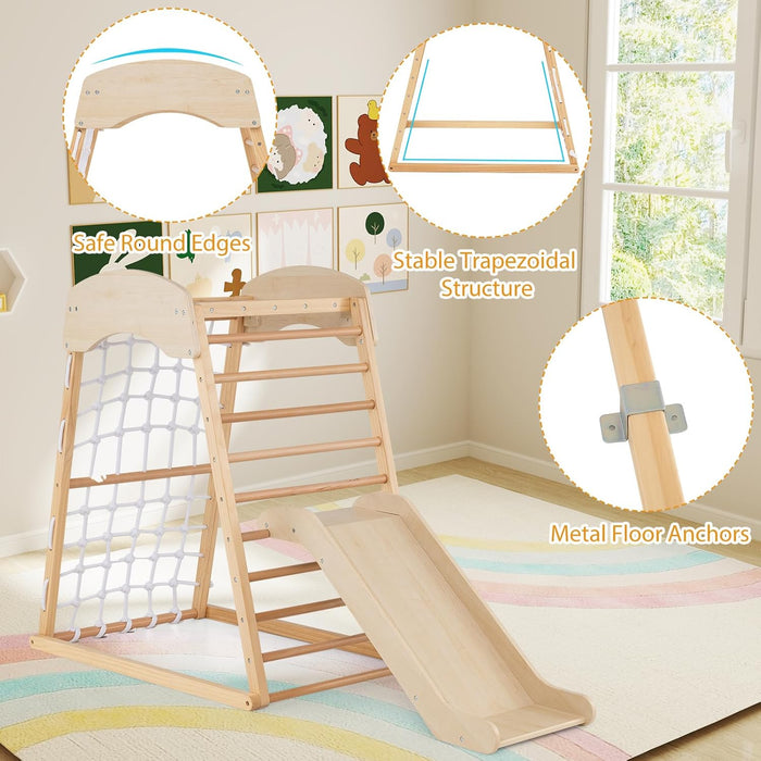 6 in 1 Struttura di Arrampicata, Triangolo da Arrampicata con Scivolo, Barra per Trazioni e Rete per Arrampicata, Parco Educativo per bambini per Interni, 1+ Anno, 105 x 67 x 112 cm (Naturale)