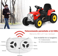 Trattore con Rimorchio Cavalcabile per Bambini 12V, Trattore Elettrico Telecomandato, con Luci e Suoni, 30kg, 3+ Anni (Rosso)