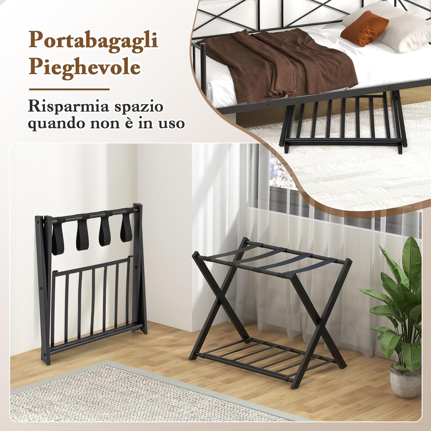 Portavaligie Pieghevole, Porta Valigie Poggia Bagaglio a 2 Ripiani, Cavalletto da Valigie, per Hotel e Viaggio, in Metallo, 68 x 43 x 56 cm (Nero 2)