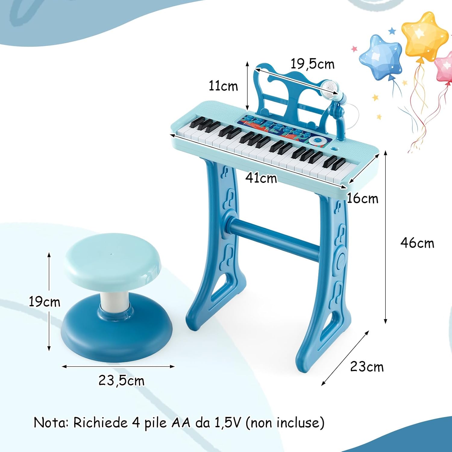 Pianoforte per Bambini a 37 Tasti, Strumento Musicale Elettronico con Microfono Regolabile e Leggio Rimovibile, Sgabello Abbinato, per Bambini di 3+ Anni (Blu)