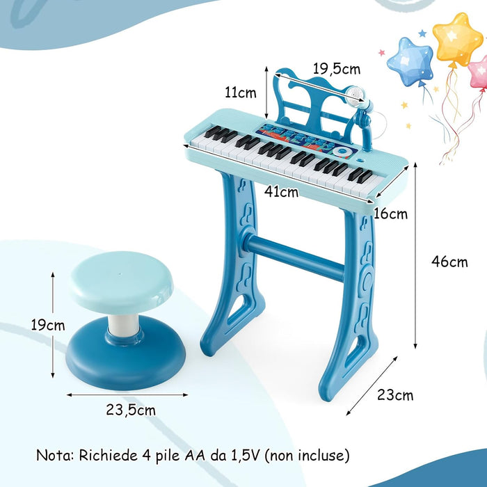 Pianoforte per Bambini a 37 Tasti, Strumento Musicale Elettronico con Microfono Regolabile e Leggio Rimovibile, Sgabello Abbinato, per Bambini di 3+ Anni (Blu)