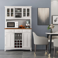 Credenza da Cucina, Armadietto Dispensa da Cucina Alto con Ante in Vetro Temperato, Portabottiglie, Ripiani Regolabili, Mobile Moderno per Cucina con 3 Cassetti e Ripiani Aperti (Bianco)