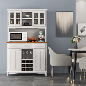 Credenza da Cucina, Armadietto Dispensa da Cucina Alto con Ante in Vetro Temperato, Portabottiglie, Ripiani Regolabili, Mobile Moderno per Cucina con 3 Cassetti e Ripiani Aperti (Bianco)