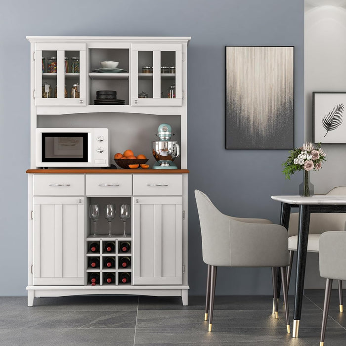 Credenza da Cucina, Armadietto Dispensa da Cucina Alto con Ante in Vetro Temperato, Portabottiglie, Ripiani Regolabili, Mobile Moderno per Cucina con 3 Cassetti e Ripiani Aperti (Bianco)