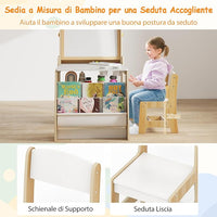 Set Tavolo e Sedia per Bambini, Tavolo in Materiale Sicuro con Lavagna e Sedia, Lavagna Bianca, Rotolo di Carta, 2 Ripiani Aperti e Libreria a 2 Ripiani, Ideale per Disegno (Naturale)