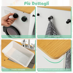 Cucina Giocattolo per Bambini, Cucina Legno per Bambini con Lavatrice, Macchina da Caffè, Forno, Microonde, Lavello e Rubinetto, Funzione Luci e Suoni, per Bambini 3+ Anni