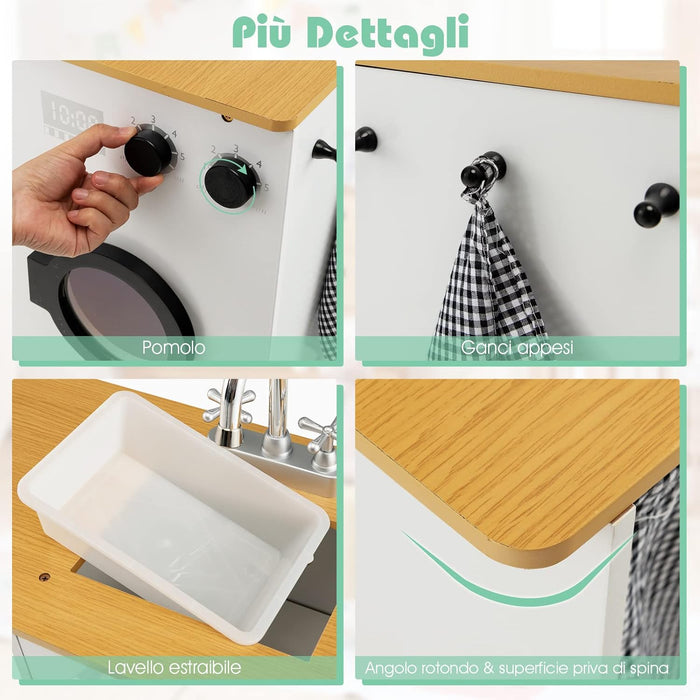 Cucina Giocattolo per Bambini, Cucina Legno per Bambini con Lavatrice, Macchina da Caffè, Forno, Microonde, Lavello e Rubinetto, Funzione Luci e Suoni, per Bambini 3+ Anni
