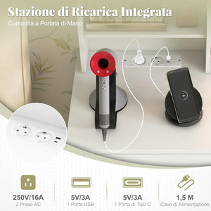 Toeletta da Trucco con Luci, Set Tavolo da Trucco e Sgabello con Stazione di Ricarica, Luci LED Regolabili a 3 Colori, 4 Cassetti e Ripiani di Stoccaggio Aperti