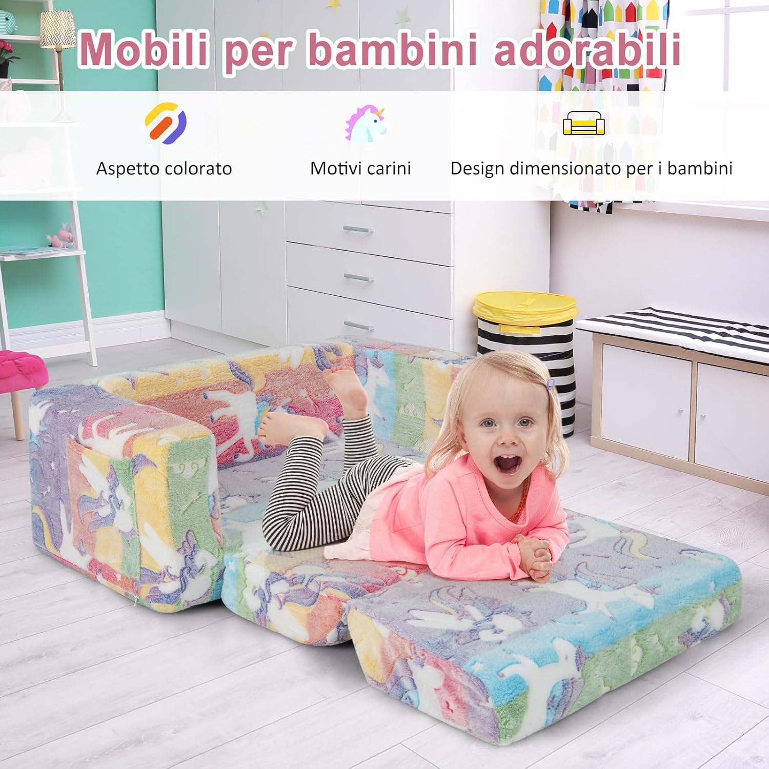 Divano Poltrona per Bambini 2 in 1 con Schienale Ribaltabile, Divano Multifunzionale per Bambini con Copertura in Flanella Rimovibile, per Bambini Sotto 12 Anni