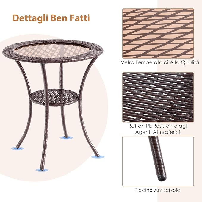 Tavolo da Giardino in Rattan PE e Vetro Temperato, Rotondo Tavolino Piccolo da Caffè Resistente alle Intemperie, per Cortile Balcone Esterno, Ø64 x 72 cm, Marrone