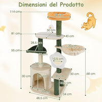 Tiragraffi per Gatto Alto 114 cm Forma di Fiore, Albero Tiragraffi Gatto con Amaca, Grotta e Palla Pompon, Torre Tiragraffi per Gatti con Pali e Tavola in Sisal, Verde e Beige