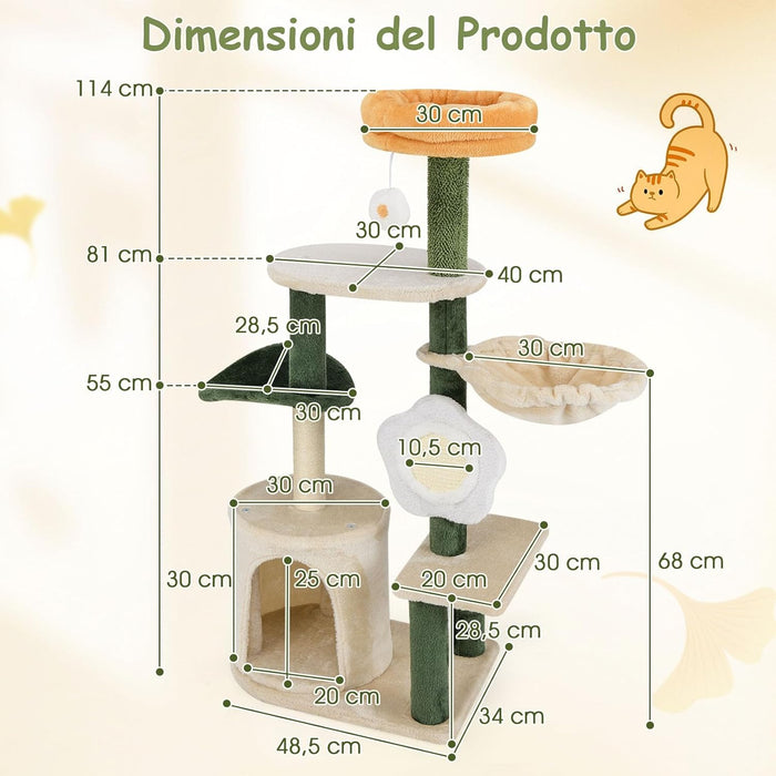 Tiragraffi per Gatto Alto 114 cm Forma di Fiore, Albero Tiragraffi Gatto con Amaca, Grotta e Palla Pompon, Torre Tiragraffi per Gatti con Pali e Tavola in Sisal, Verde e Beige