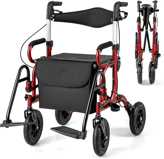 2 in 1 Deambulatore Pieghevole e Sedie a Rotelle per Anziani in Alluminio, Rollator Altezza Regolabile con Seduta e Freni, Girello per Anziani con Ruote Robuste, Carico Massimo 140 kg (Rosso)