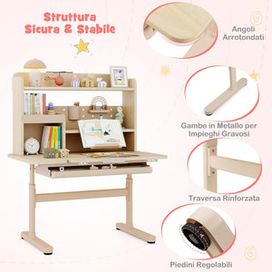 Scrivania per Bambini 3+ Anni, Tavolo da Studio Regolabile in Altezza con Libreria e Cassetto, Piano Inclinabile, Mensole, Leggio e Portapenne, Scrivania per Studiare (Giallo)