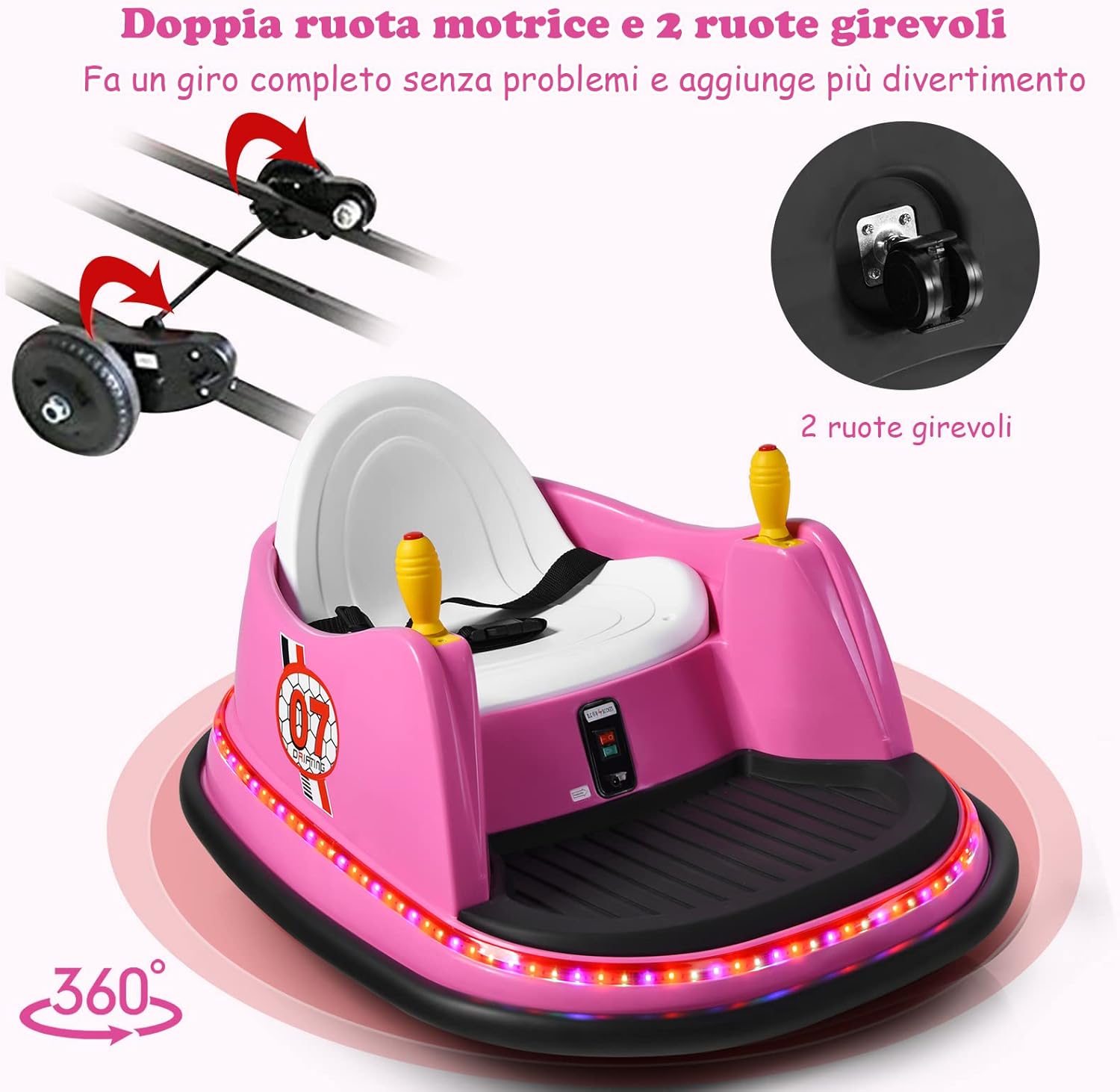 Veicolo Elettrico Macchina Elettrica Design Autoscontro per Bambini, Girevole a 360°, con Luci e Musica, con Telecomando, per Bambini 2-5 Anni (Rosa)