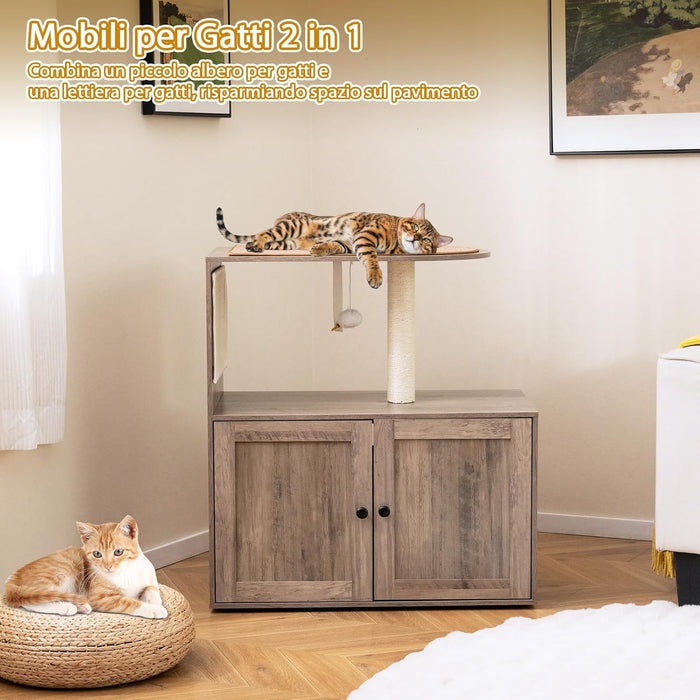 Lettiera Chiusa per Gatti 87,5 cm, Torre per Gatti in Legno con Pali per Graffiiare in Sisal, Cuscino, Palla Pendente e Piattaforma Superiore, Albero per Animali Domestici