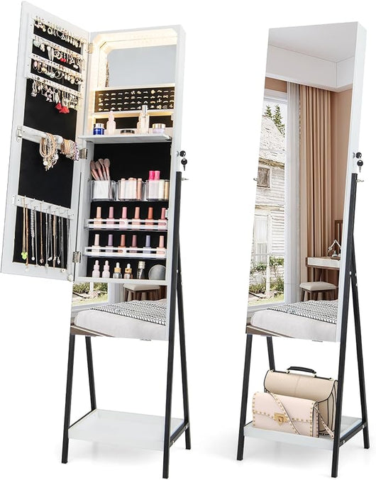Armadietto Portagioie da Terra, Specchio Portagioie con Specchio Senza Cornice, Luci LED a 3 Colori, con Cassetto e Ripiano, 41 x 35 x 166 cm (Bianco)