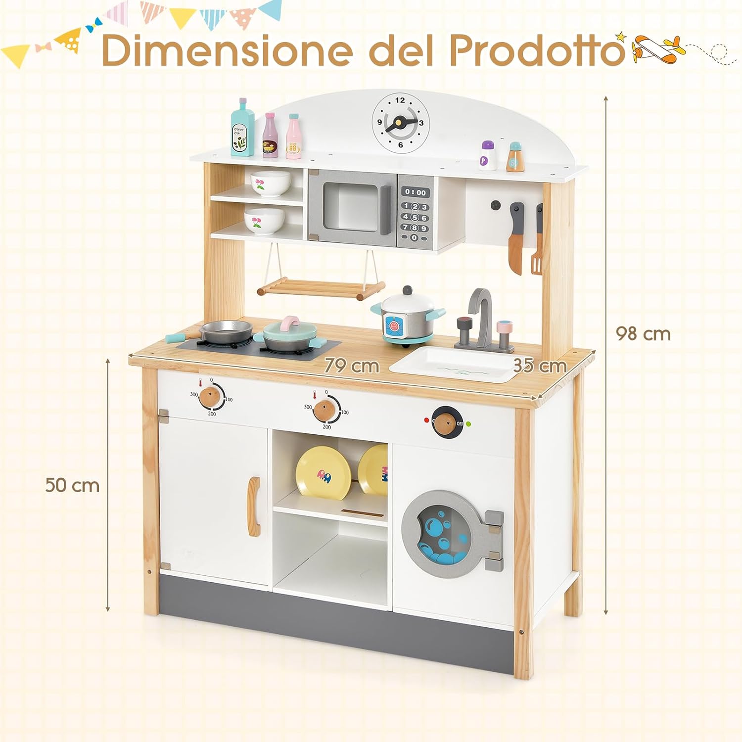 Cucina Giocattolo per Bambini in Legno, Set da Cucina per Bambini con Forno a Microonde, Accessori Vari per Cucinare, per Bambini 3 Anni +