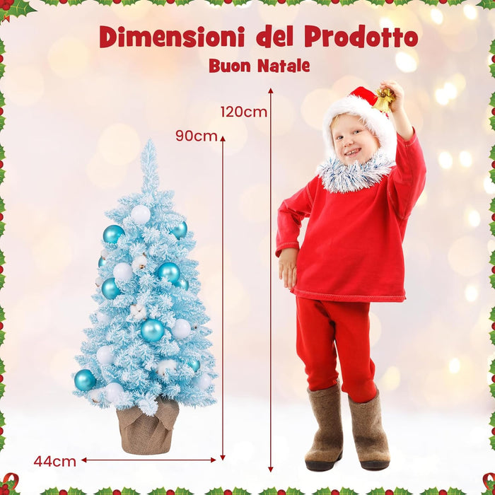 Albero di Natale Artificiale Mini 90 cm, Albero di Natale Innevato da Tavolo con 12 Palline di Cotone Naturale, 24 Palline Decorative e Rami Imbiancati, Decorazione per Feste (Celeste)