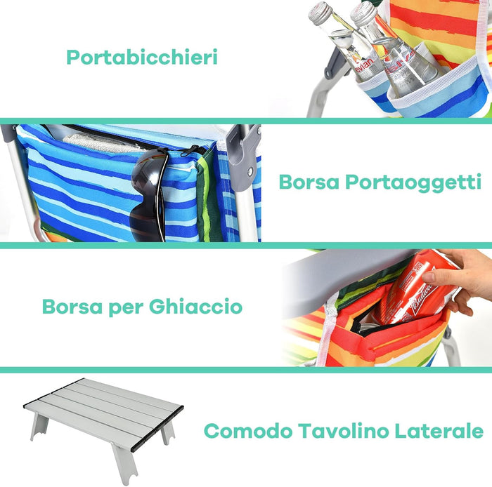 Set di Sedie da Spiaggia e Tavolino, Sedie da Esterno Reclinabili con Tavolino da Campeggio, Set di Tavolino in Alluminio e 2 Sedie Pieghevoli da Spiaggia a 5 Posizioni (Blu+Giallo)
