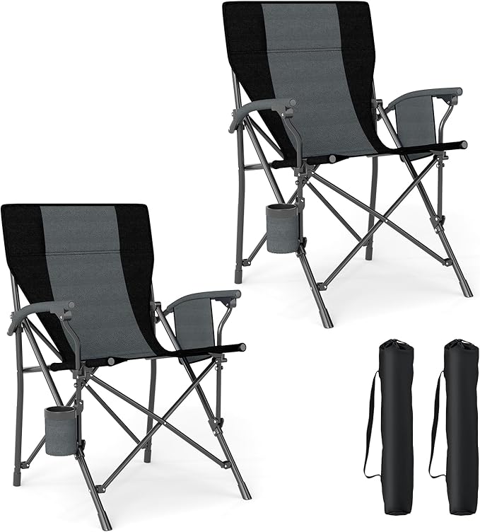 Sedia da Campeggio Portatile, Sedia da Esterno Pieghevole in Tessuto Oxford con Porta Bicchiere e Tasca Laterale, Seduta in Metallo Resistente con Sacca di Trasporto, Portata 160 kg (Nero,2)