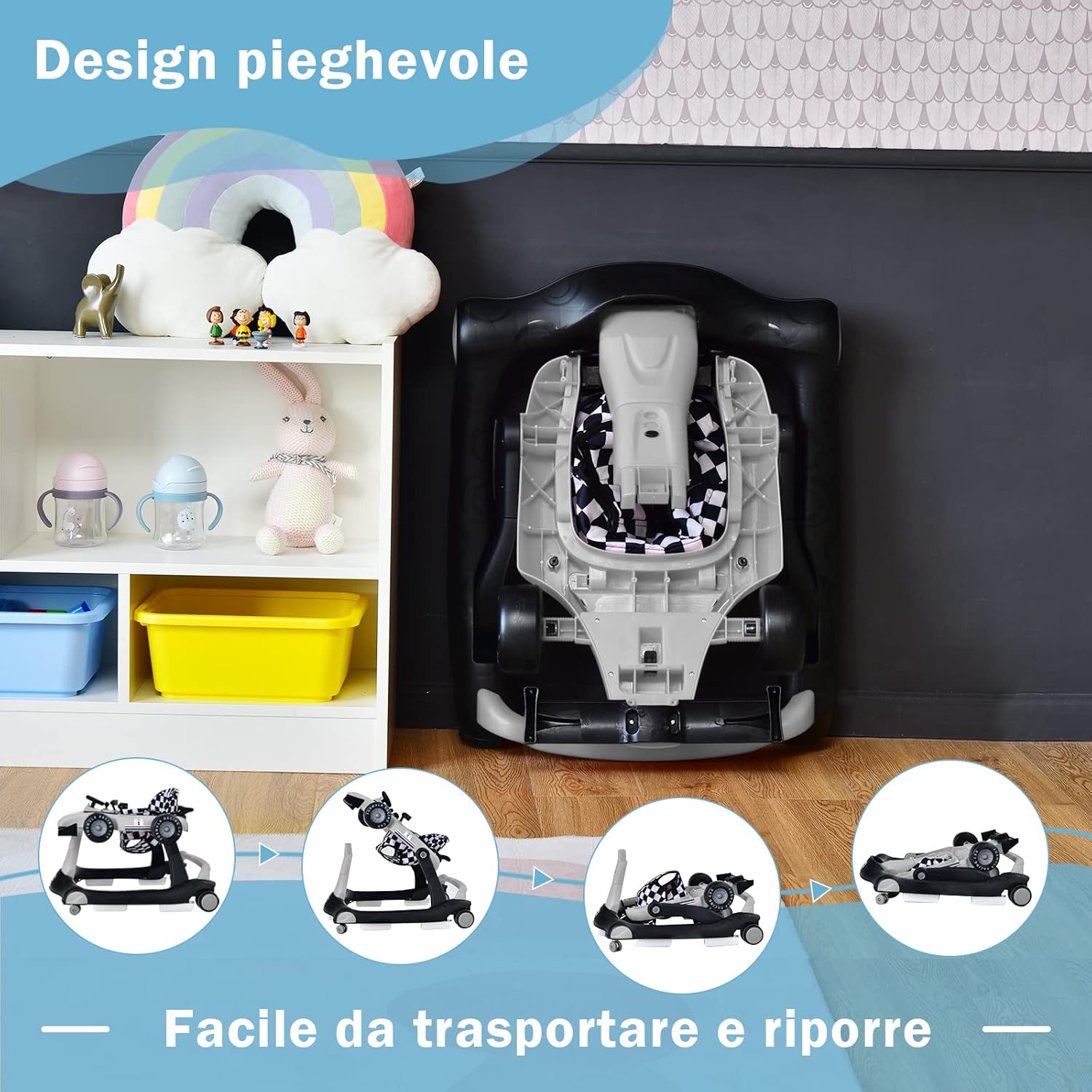Girello per Bambini 4 in 1, Girello Pieghevole con Altezza e Velocità Regolabili, Carillon con Luci, Volante, Primi Passi per Bambini 6-18 Mesi, Portata 15 kg (Grigio)