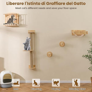 Mensole da Parete per Gatti da Arrampicata, Set Mobili a Murocon 4 Livelli, Amaca, Posto per Graffiare e Tappetini, Albero Tiragraffi Salvaspazio (Modello 5)