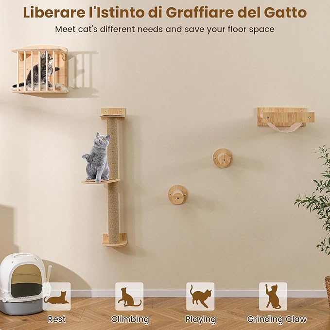 Mensole da Parete per Gatti da Arrampicata, Set Mobili a Murocon 4 Livelli, Amaca, Posto per Graffiare e Tappetini, Albero Tiragraffi Salvaspazio (Modello 5)