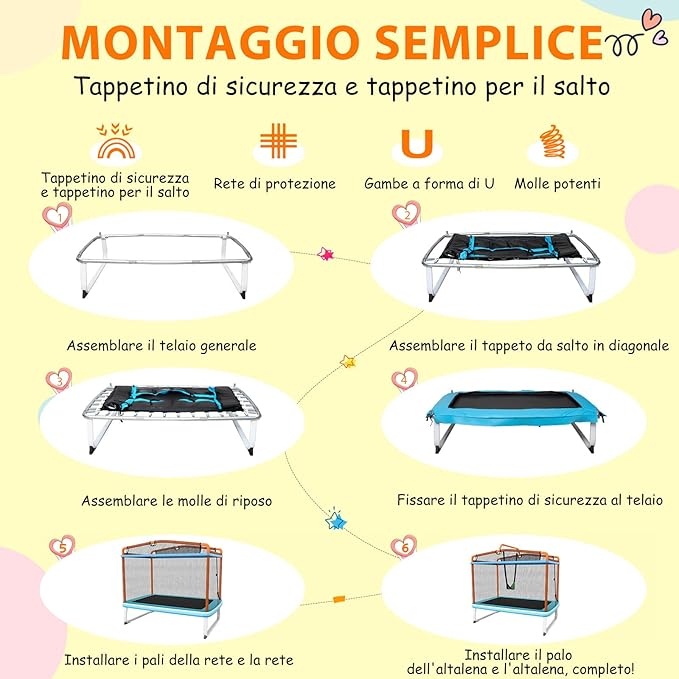 Trampolino Rettangolare per Bambini 3-in-1 190 x 124 cm, Tappetto Elastico per Bambini da Esterno ed Interno con Rete, Altalena, Barra, Copertura e Design senza Fessure