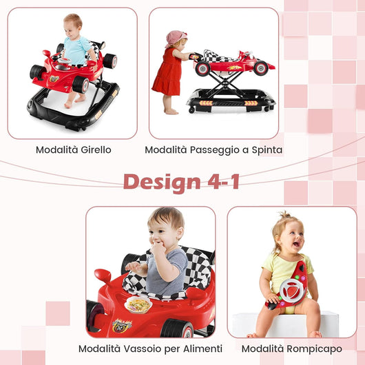 4 in 1 Girello per Bambini, Primi Bassi per Neonati con Altezza Regolabile, Girello Pieghevole con Vassoio Rimovibile, Musica e Luci, per Bambini 6+ Mesi (Rosso)