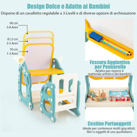 Tavolo da Disegno per Bambini con Sedia, Cavalletto Artistico con Lavagna Regolabile a 3 Livelli, Telescopio e Gioco dell'Anello, Cestino Portaoggetti 8 Pennarelli 3 Anelli 2 Magneti e Gomma