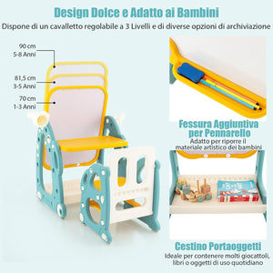 Tavolo da Disegno per Bambini con Sedia, Cavalletto Artistico con Lavagna Regolabile a 3 Livelli, Telescopio e Gioco dell'Anello, Cestino Portaoggetti 8 Pennarelli 3 Anelli 2 Magneti e Gomma