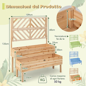 Fioriera da Giardino a 2 Livelli con Traliccio, Letto Rialzatto con Gambe in Legno, Foro di Drenaggio, Fioriera da Interno ed Esterno per Frutta, Verdura, Fiori ed Erbe Rampicanti (Legno)