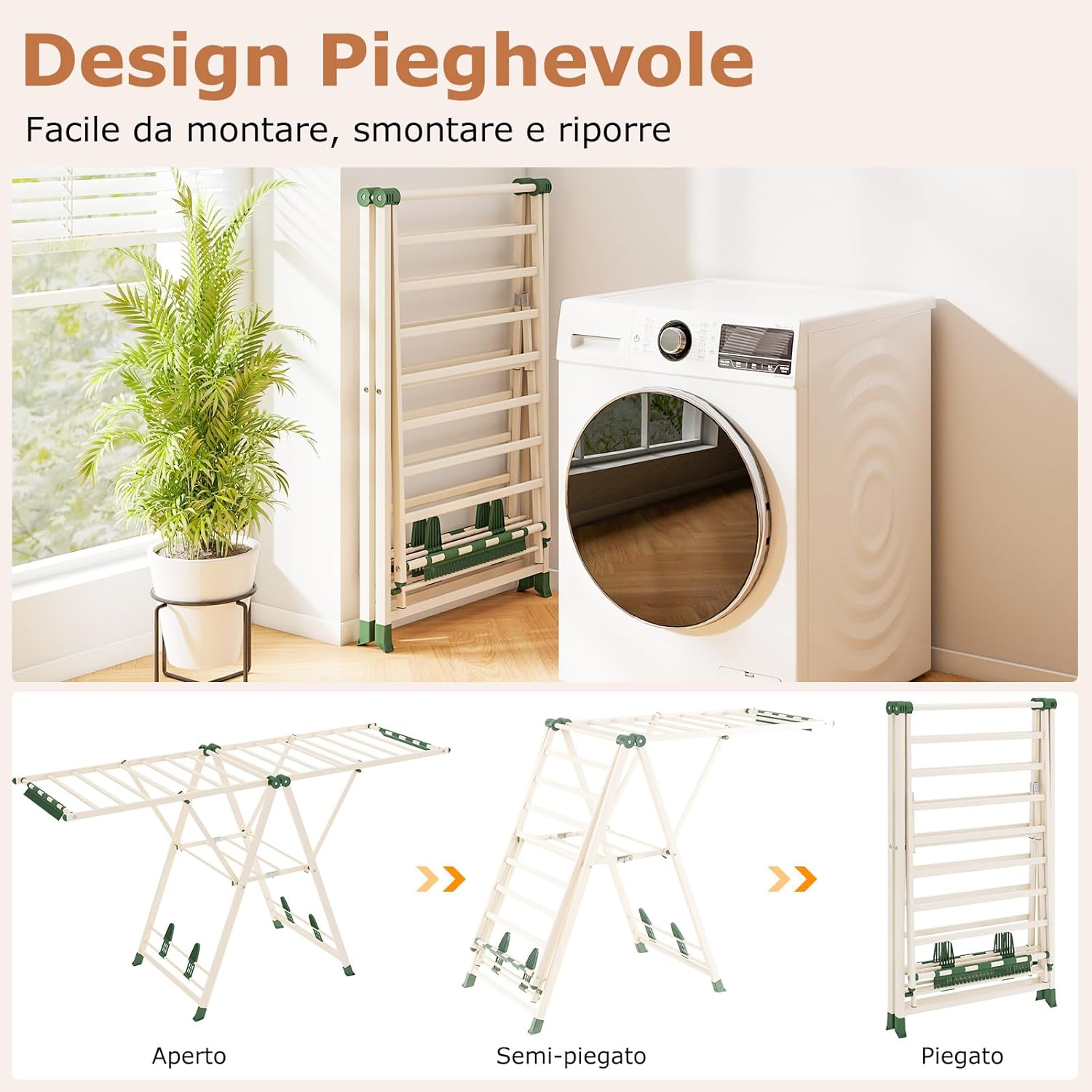 Stendibiancheria con 20 Barre, Stendino Pieghevole in Metallo Regolabili in Altezza, Clips per Calzini, Supporto per Abbigliamento Autoposante a Ali per Interno Esterno (Beige)